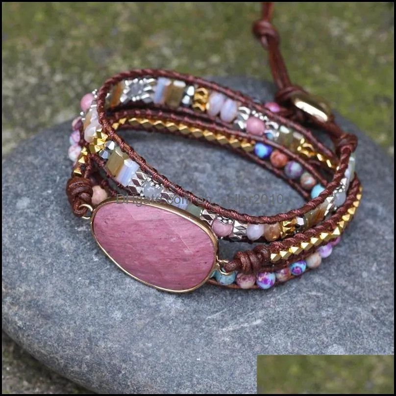 Link selling leather wrapped Bracelet Red stone natural crystal beads weaving art jewelry gifts 458 Z2