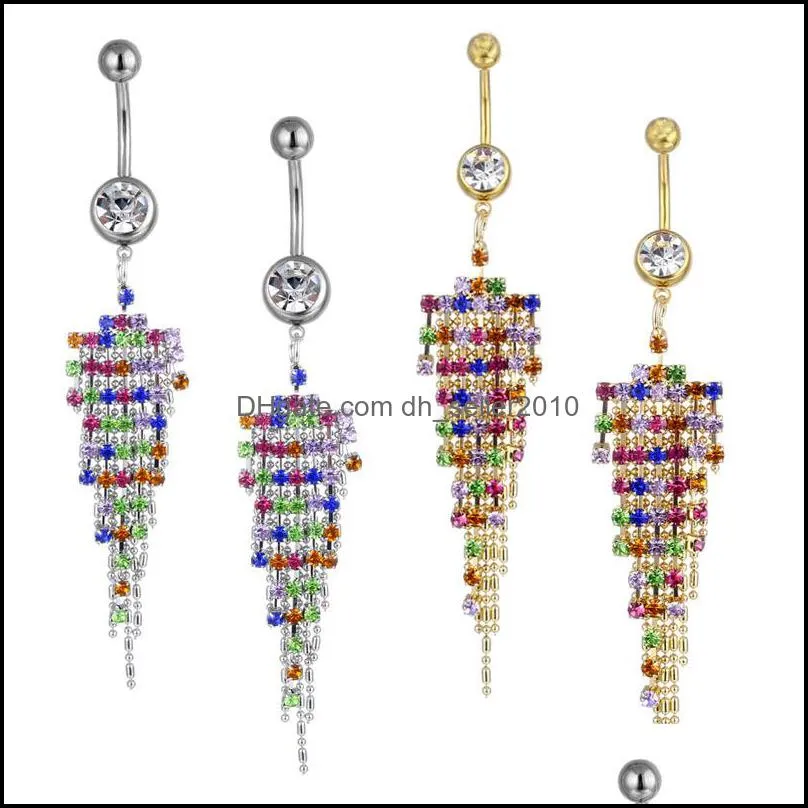 Long Tassel Stainless Steel Navel Ring For Women Girls Plated Silver Gold Multicolor Rhinestone Abdominal Puncture Jewelry 1367 D3