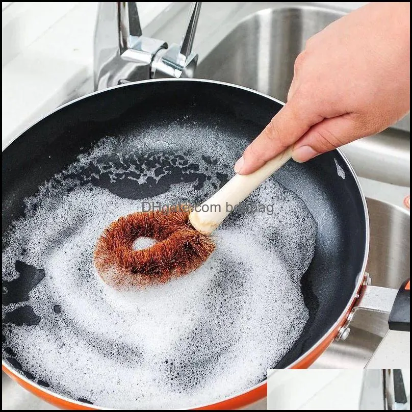 Natural Coconut Brown Non-stick Oil Long Handle Pot Brush Dishwashing Oil Cleaning Brush Hang Type Brush Kitchen Cleaning Tools