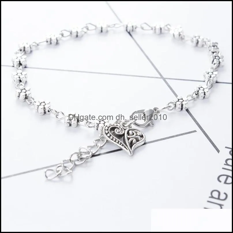 Vintage Silver Tassels Flower Heart Pendant Foot Anklets Bracelets. Women Smart bangles ps1088 565 T2