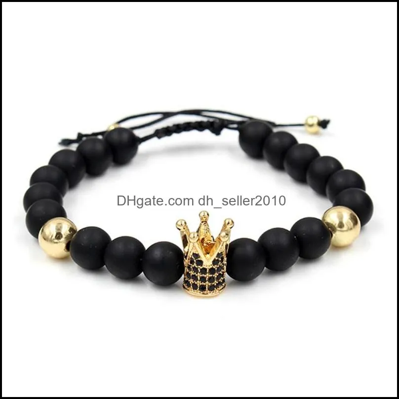 8mm uuyy8 micro pave cz zircon cubic zirconia elastic adjusted Charm nature Black stone volcanic lava bead Crown Charm Bracelet 130 W2