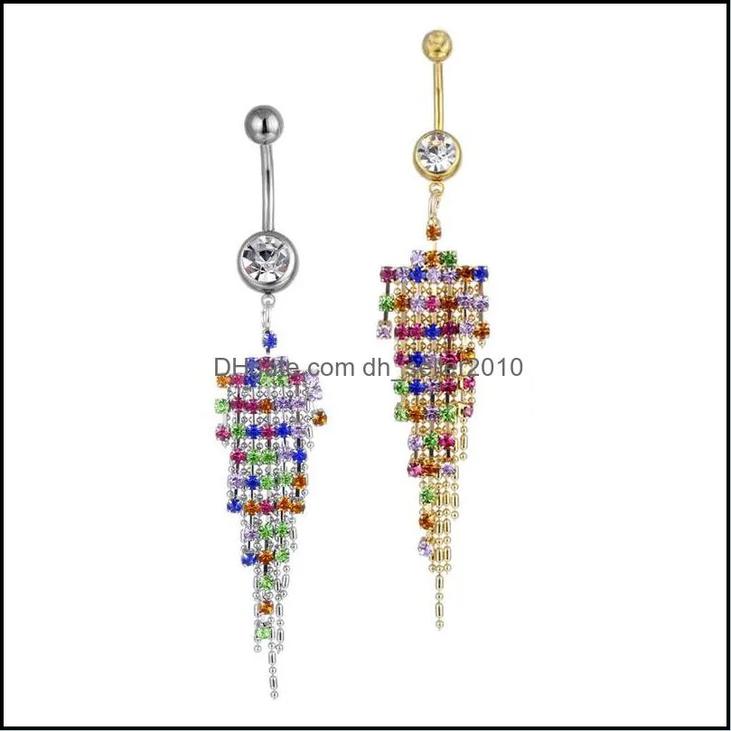 Long Tassel Stainless Steel Navel Ring For Women Girls Plated Silver Gold Multicolor Rhinestone Abdominal Puncture Jewelry 1367 D3