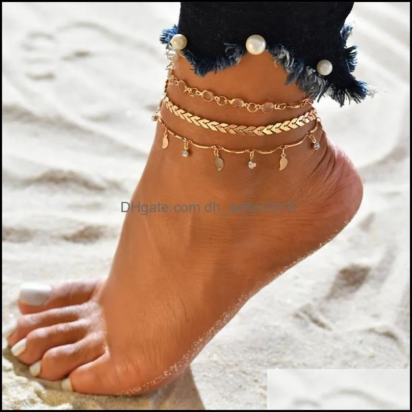 Anklets Three Piece Set Women Ankle Jewelry Rhinestone Iron Sheet Small Leaves Lady Fashion Ankles Bracelets 3 74gt J2B