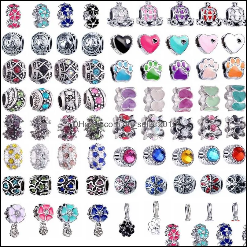 50PCS Mixed Styles Wholesale Multicolor Crystal Alloy Beads Charms For DIY Jewelry European Bracelets Bangles Women Girls Gifts 1381