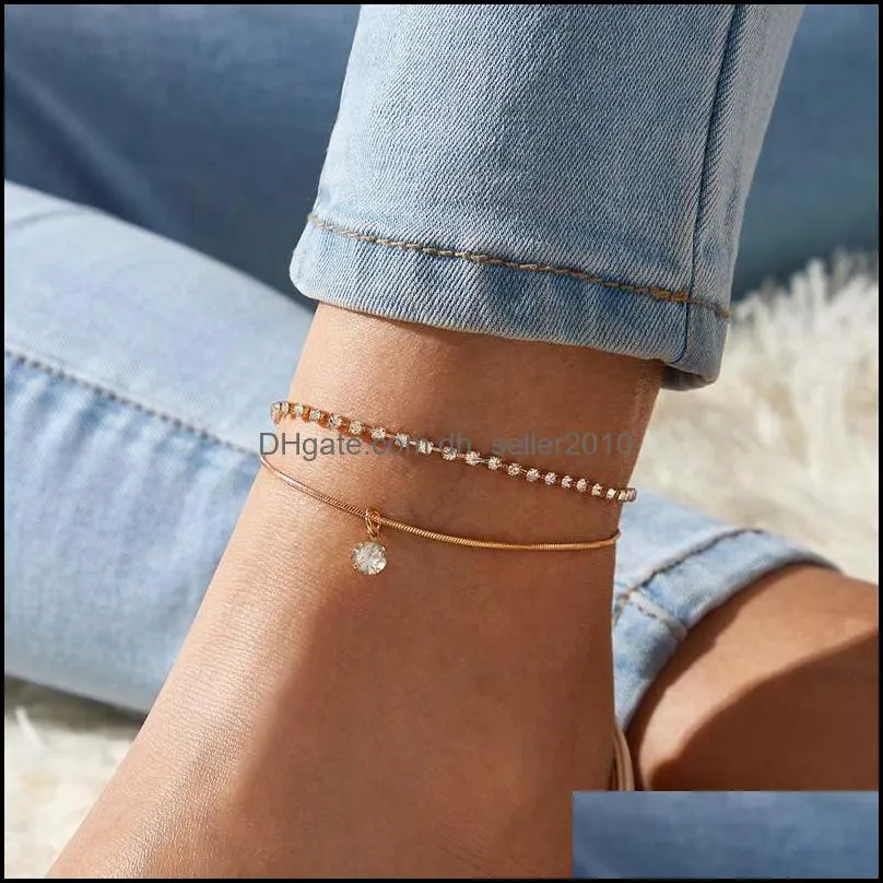 Double-deck Anklet Rhinestone Crystal Ankle Charm Bracelet Boho Beach Anklets for Women Sandals Foot Bracelets Female Wedding Jewelry 179