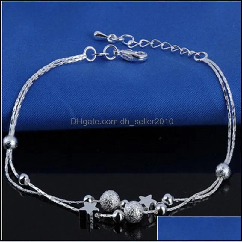 Stamped 925 Sterling Silver Anklets For Womens Simple Beads Silver Chain Anklet Ankle Foot Jewelry