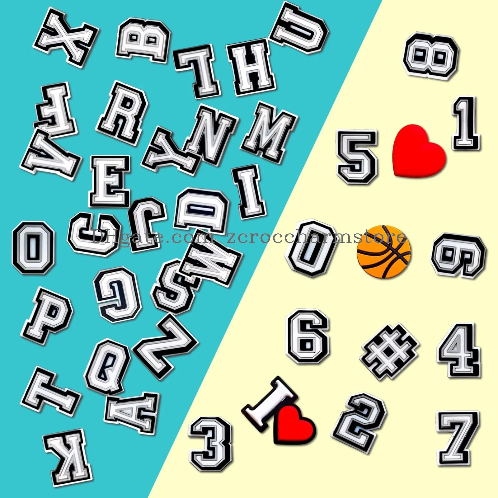 letter croc charms pack for  shoe decoration 09 number alphabet abcz characters love heart basketball designer shoes accessories pins for boys girls kids teens men women and adults party favor birthday gift pvc