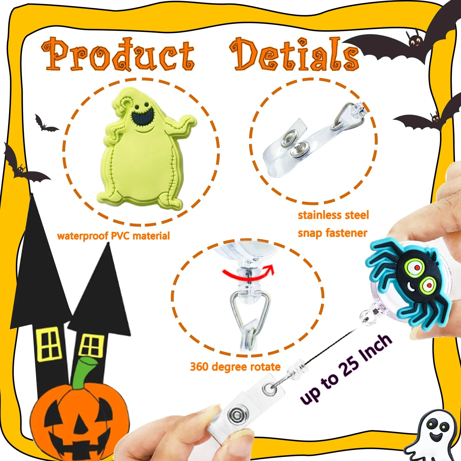 3ml halloween badge reel retractable halloween id name holder with clip name badges bat ghost pumpkin spider name badge holder for office doctor nurse worker women gifts
