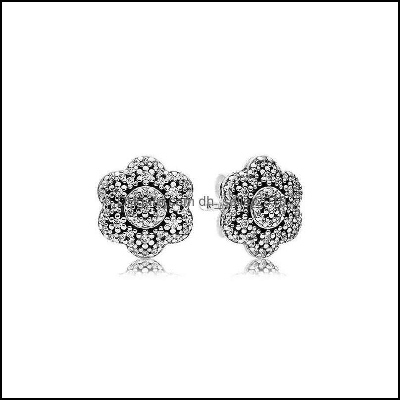 100% 925 Sterling Silver 1:1 Fashion Daisy Rose Stud Earrings Water Drops Love Star Ice Crystal Paw Inlay Earring