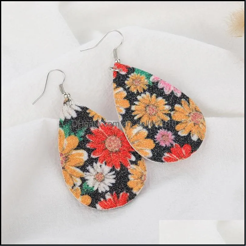 Dangle Earring Frosted Sequin PU Leather Sunflower Printing Water Drop Shape Womens Jewelry Earrings