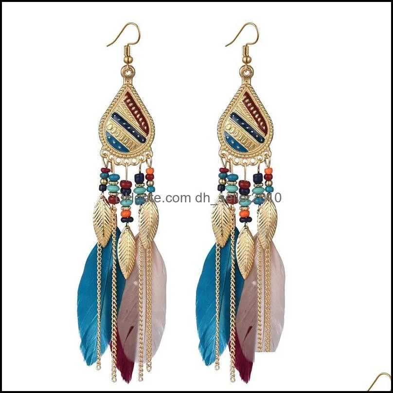 Bohemia Feather Drop Dangle Earrings Exaggeration Retro Beads Tassels Alloy Eardrop Fashion Jewelry Womens Earring 3 29mw G2B