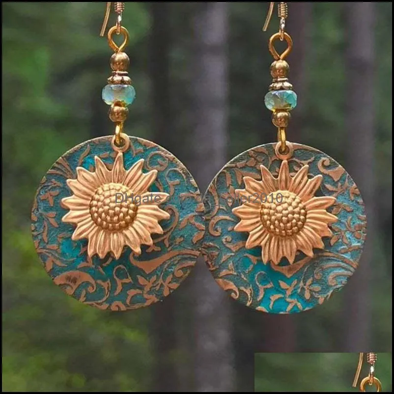 Dangle Chandelier Sunflower Earrings Blue Round Ear Pendants Lady Double Deck Earring Fashion Bohemia Jewelry Retro Alloy 4spa P2