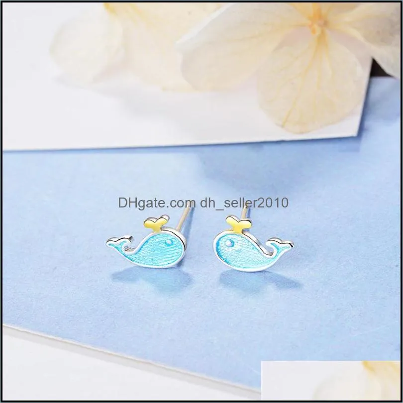 Small Whale Ear Stud Earrings S925 Sterling Silver Needles Female  Blue Fish Cute Marine Animal Jewelry