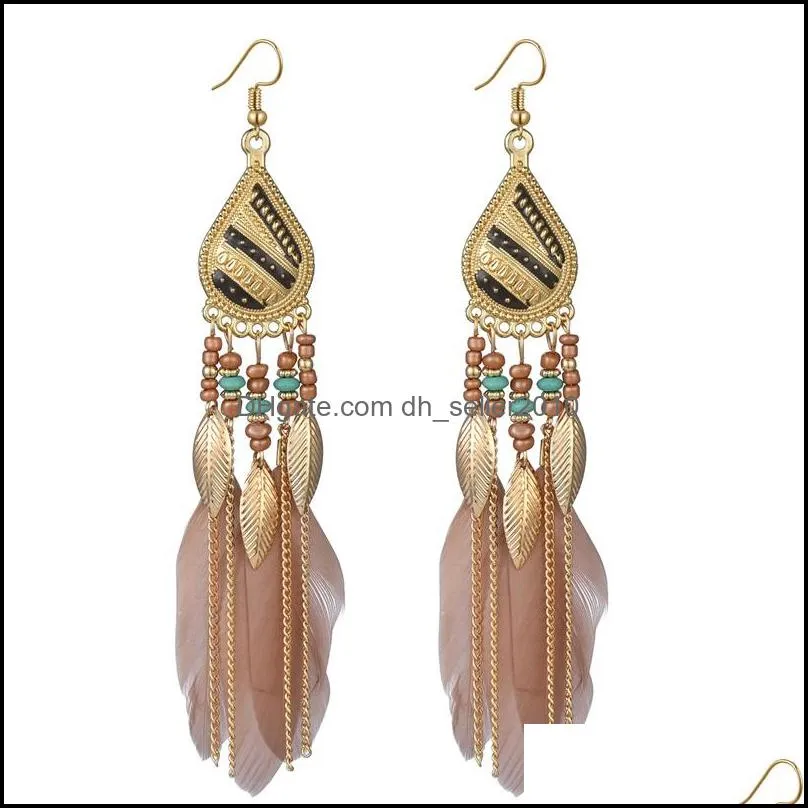 Bohemia Feather Drop Dangle Earrings Exaggeration Retro Beads Tassels Alloy Eardrop Fashion Jewelry Womens Earring 3 29mw G2B