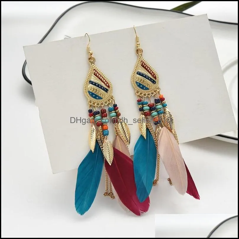 Bohemia Feather Drop Dangle Earrings Exaggeration Retro Beads Tassels Alloy Eardrop Fashion Jewelry Womens Earring 3 29mw G2B