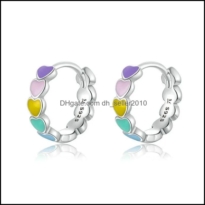 Rainbow Heart Hoop Earrings Real 925 Sterling Silver Colorful Enamel Round Earrings For Women Wedding Jewelry