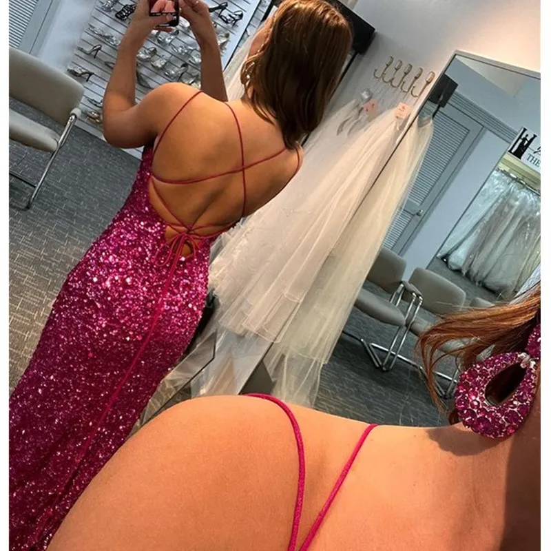 Glitter Mermaid Evening Dresses Sexy Spaghetti Strap Sleeveless High-split Formal Party Dress Backless Full Sequins Sweep Train Prom Gown 2023