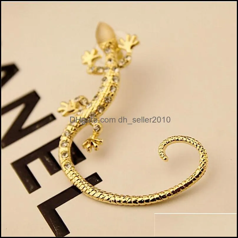 Cip On Screw Back Earrings Fashion Rhinestone ear Cuff, Luxury elegant rose gold exaggerated gecko lizard stud earrings 5 N2