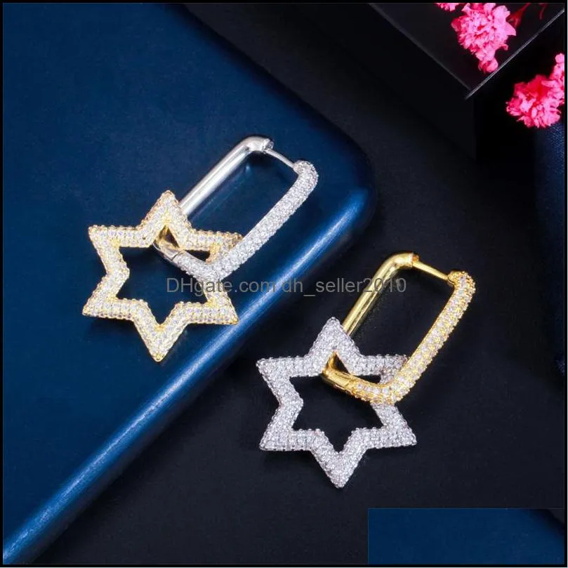 Shining Bling Full Colorful Zircon Hexagonal Dangle Drop Earrings Real Gold Plated Star Earring Jewelry No Fading 1274 B3