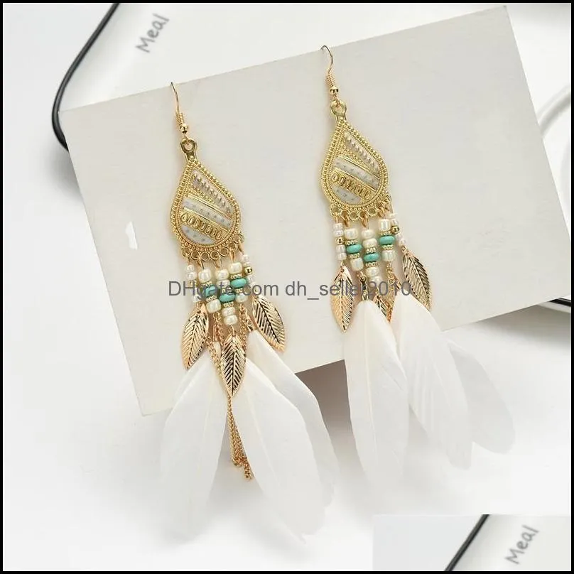 Bohemia Feather Drop Dangle Earrings Exaggeration Retro Beads Tassels Alloy Eardrop Fashion Jewelry Womens Earring 3 29mw G2B