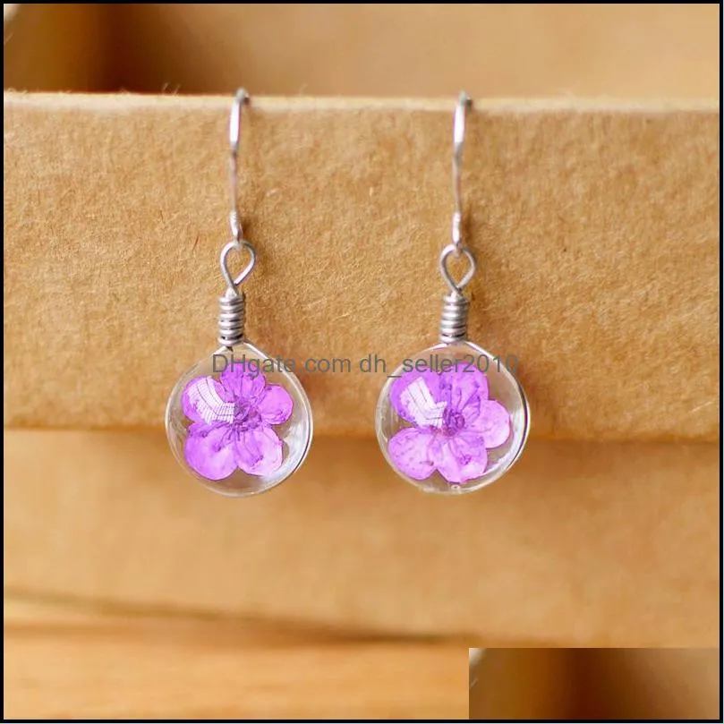 Dandelion Dried Charm Flowers Earrings 6 Colors Real Daffodils Flower Earring Glass Ball Pressed Dangle Earing Jewelry Gift Wholesale 118