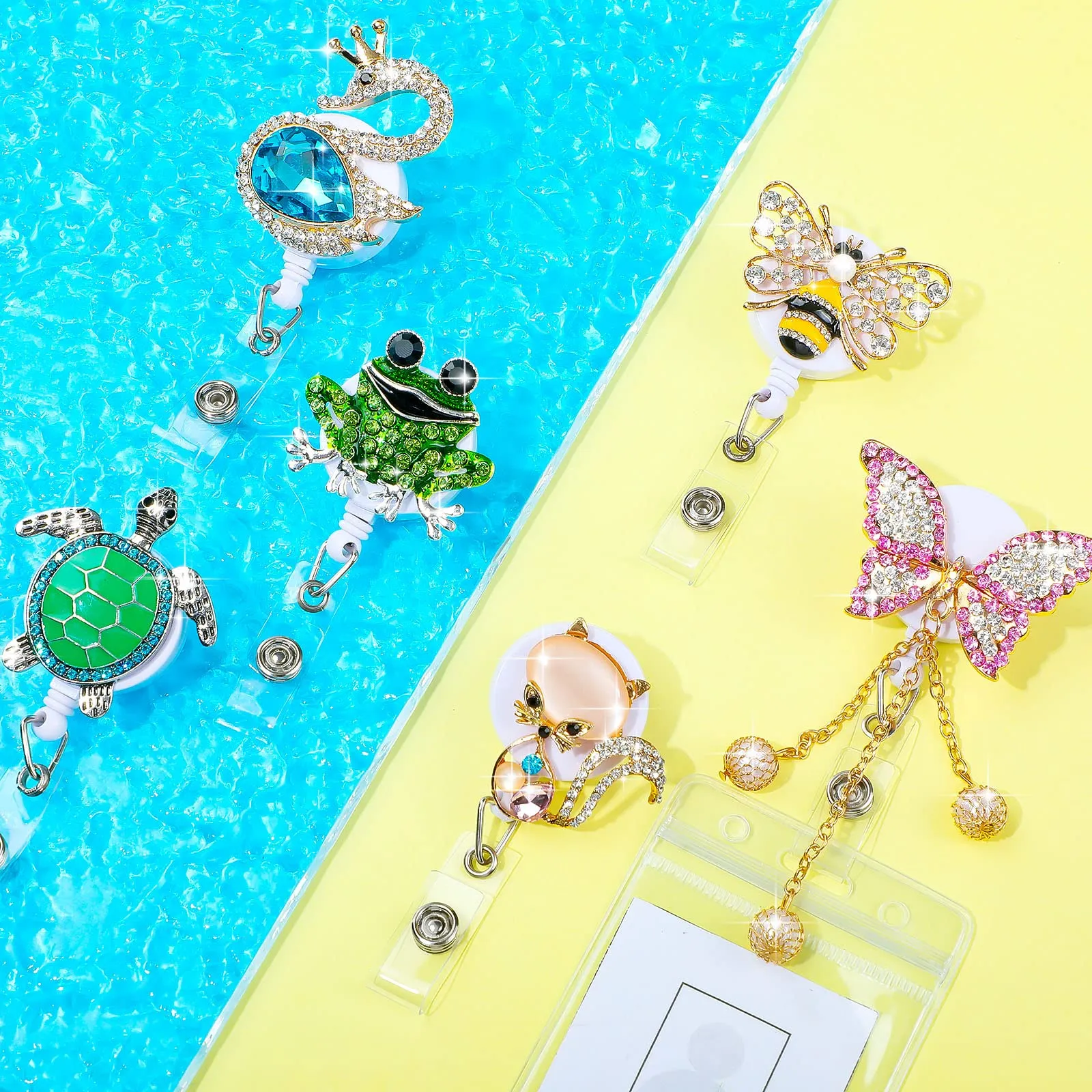 3ml retractable name card badge holder crystal id badge reel clip rhinestone cute badge reel nursing badge reel holder badge holder with clip for women doctors teachers students animal style