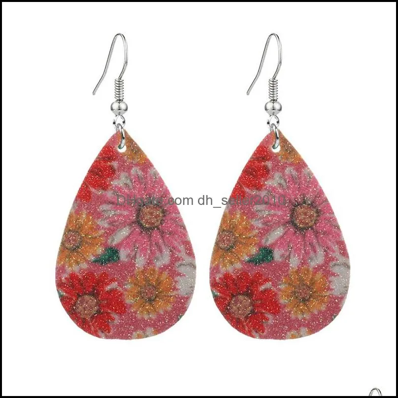 Dangle Earring Frosted Sequin PU Leather Sunflower Printing Water Drop Shape Womens Jewelry Earrings