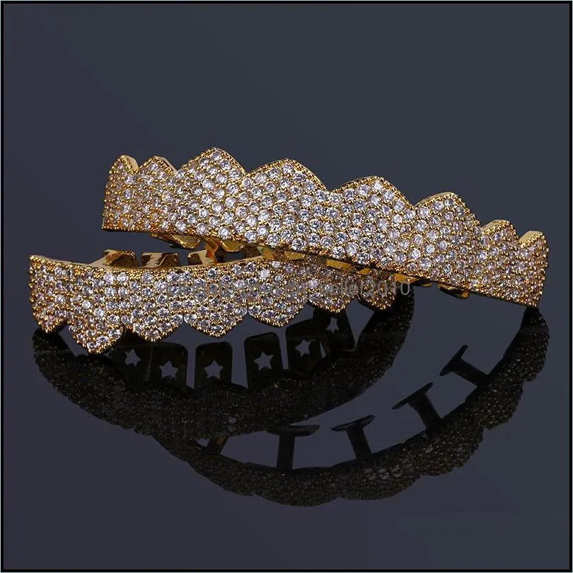 micro pave cubic zirconia silver gold color teeth grills hiphop rocker halloween iced out caps top&bottom fang grills set bling teeth536