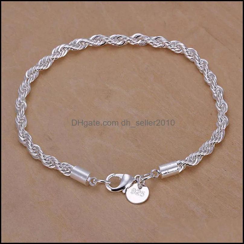 100% new 8 inch long 925 silver twisted rope chain bracelet 10pcs / lot