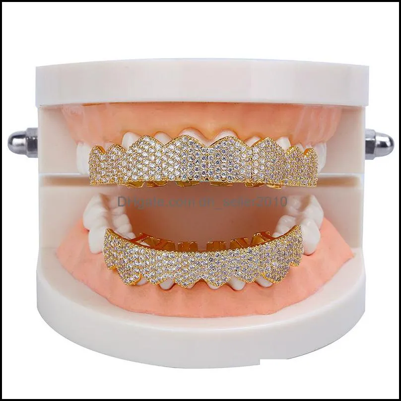 micro pave cubic zirconia silver gold color teeth grills hiphop rocker halloween iced out caps top&bottom fang grills set bling teeth536