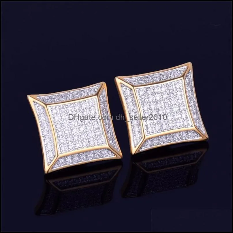 15mm big square men stud earring gold color full cubic zircon screw back earrings hip hop jewelry for women 524 z2