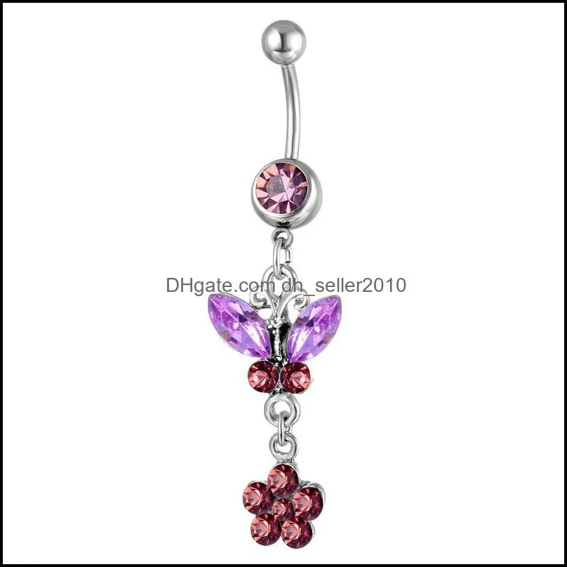 multicolor butterfly flower navel rings medical steel puncture jewelry umbilical nail diamond inlay dance belly ring accessories 3hz