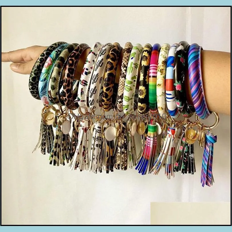 pu sunflower leather wristlet bracelet women fashion bangle tassels alloy jewelry keychains ring american style 7 5by f2b