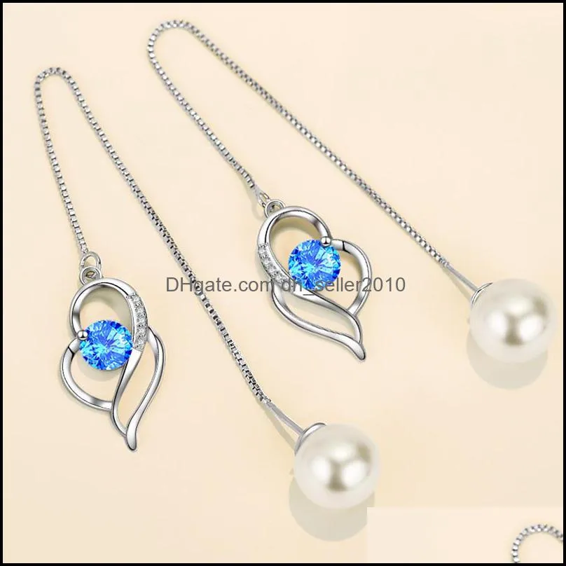 925 sterling silver new women`s fashion jewelry earline crystal zircon pearl long tassel heart earrings