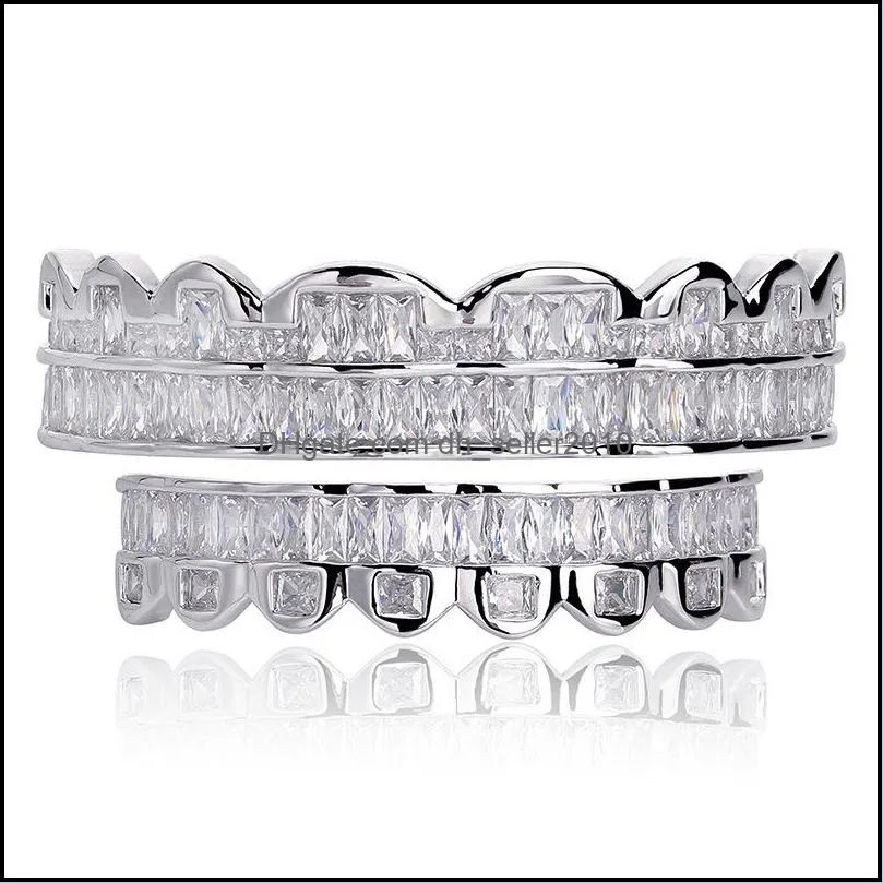 new baguette set teeth grillz top & bottom silver color grills dental mouth hip hop fashion jewelry rapper jewelry 500 t2