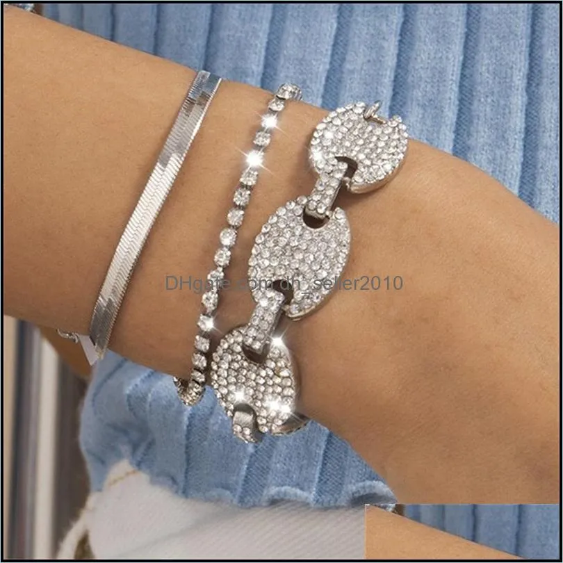 3pcs/set all-match simple multilayer alloy women rhinestone shiny bangle bracelets jewelry accessories gifts set charm bracelet 1836