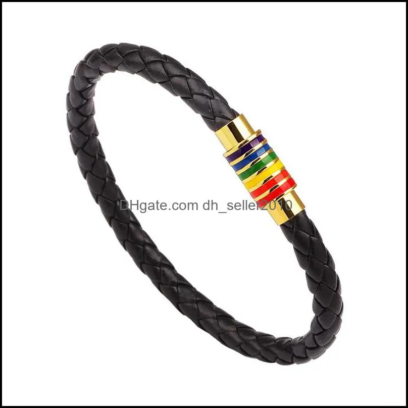 black brown genuine braided leather bracelet women men stainless steel gay pride rainbow magnetic charms bracelet gift