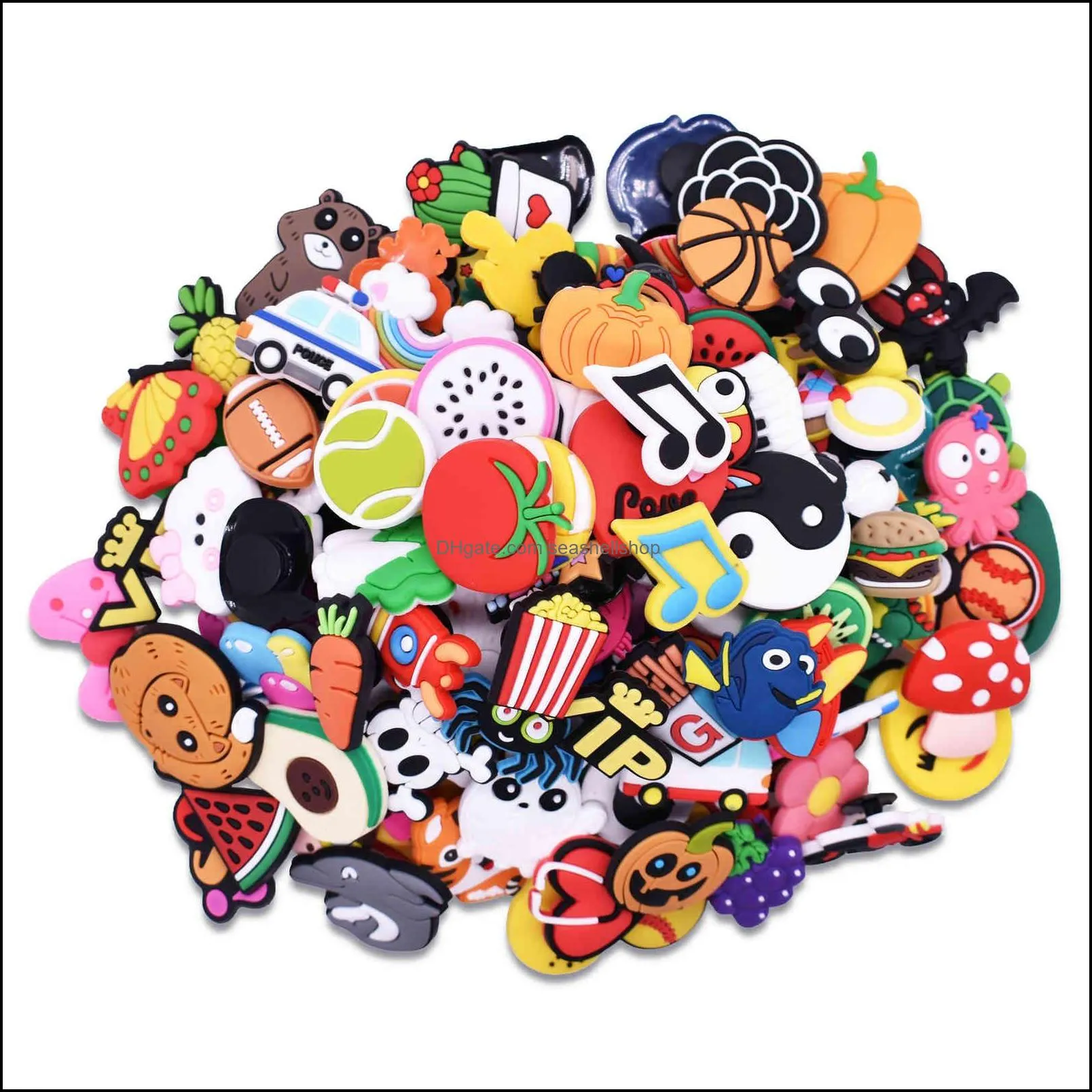100pcs whole mix cartoon shoes charms silicone soft animal cat rabbit hole slipper accessories for kids gifts croc