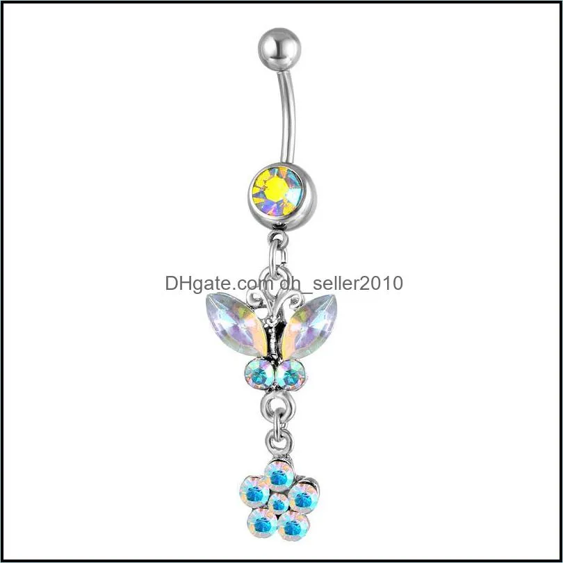multicolor butterfly flower navel rings medical steel puncture jewelry umbilical nail diamond inlay dance belly ring accessories 3hz