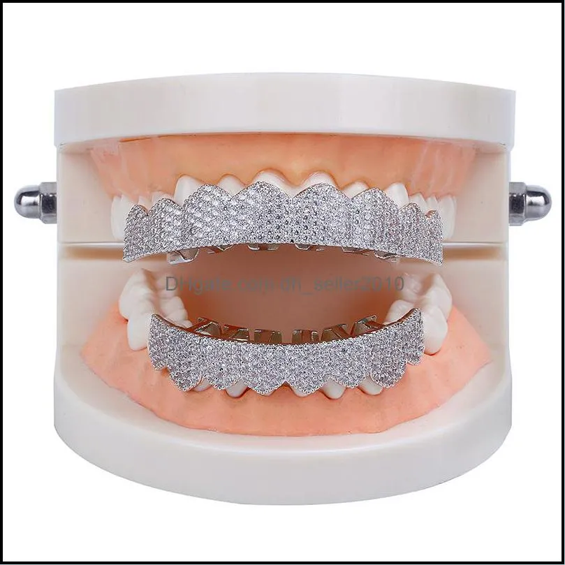 micro pave cubic zirconia silver gold color teeth grills hiphop rocker halloween iced out caps top&bottom fang grills set bling teeth536