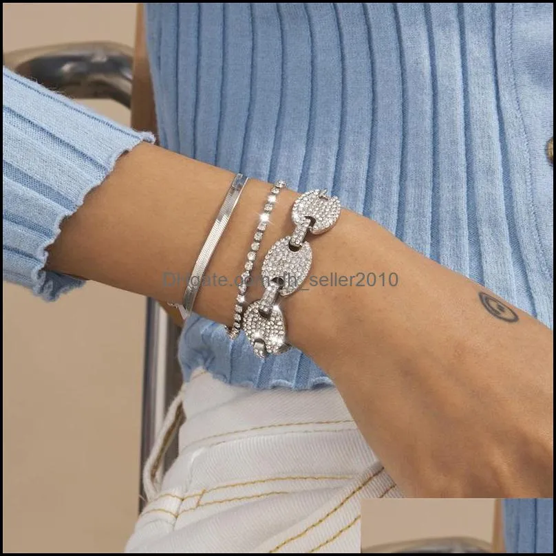 3pcs/set all-match simple multilayer alloy women rhinestone shiny bangle bracelets jewelry accessories gifts set charm bracelet 1836