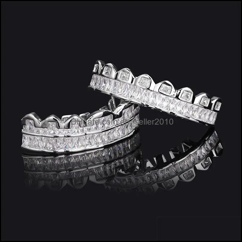 new baguette set teeth grillz top & bottom silver color grills dental mouth hip hop fashion jewelry rapper jewelry 500 t2