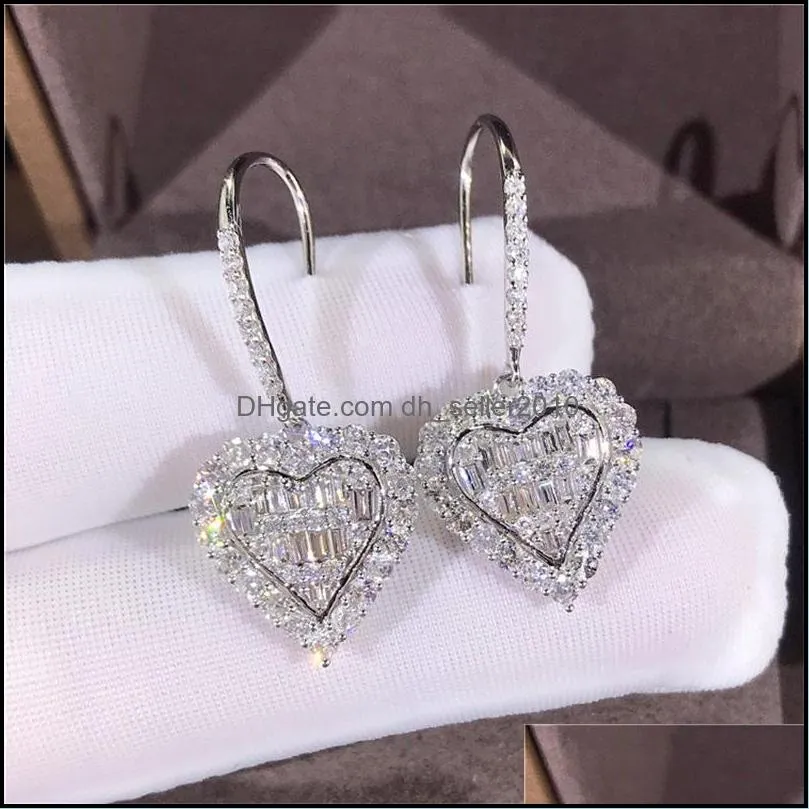 sweet cute heart dangle earrings sparkling luxury jewelry 925 sterling silver princess cut white topaz diamond party women wedding 1070