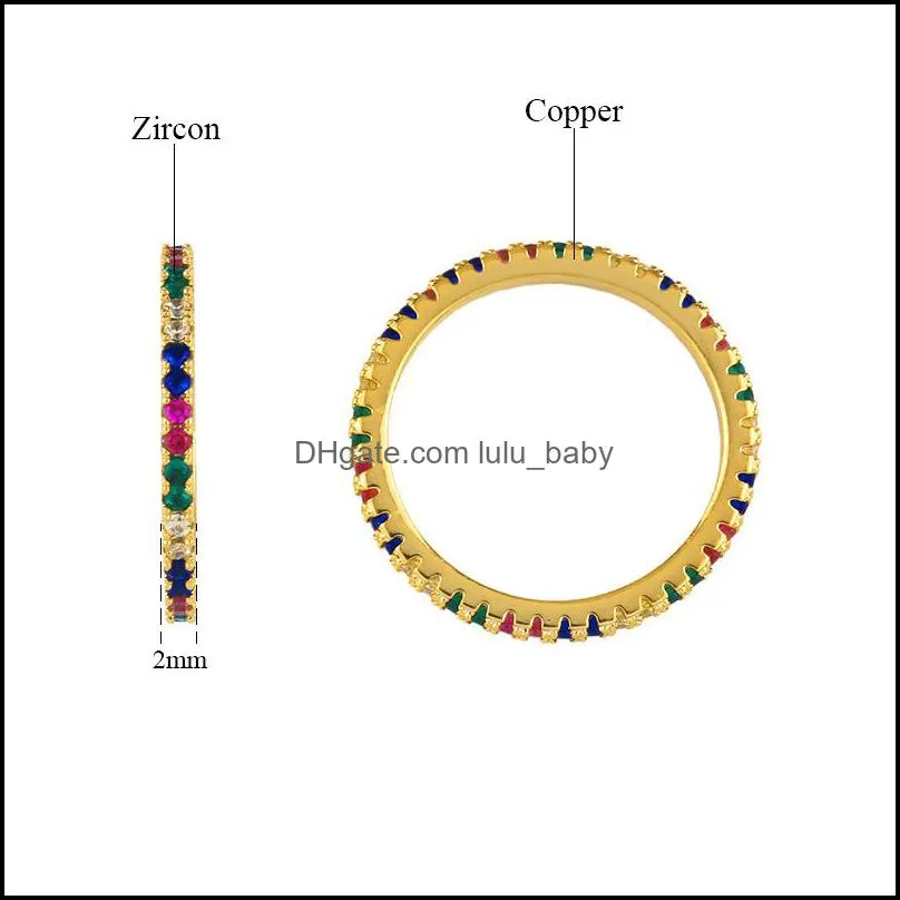 18K Gold Plated Zircon Fine Ring for Women Fashion Rainbow Round Cubic Zirconia Eternity 2MM Fine Ring Wedding Jewelry
