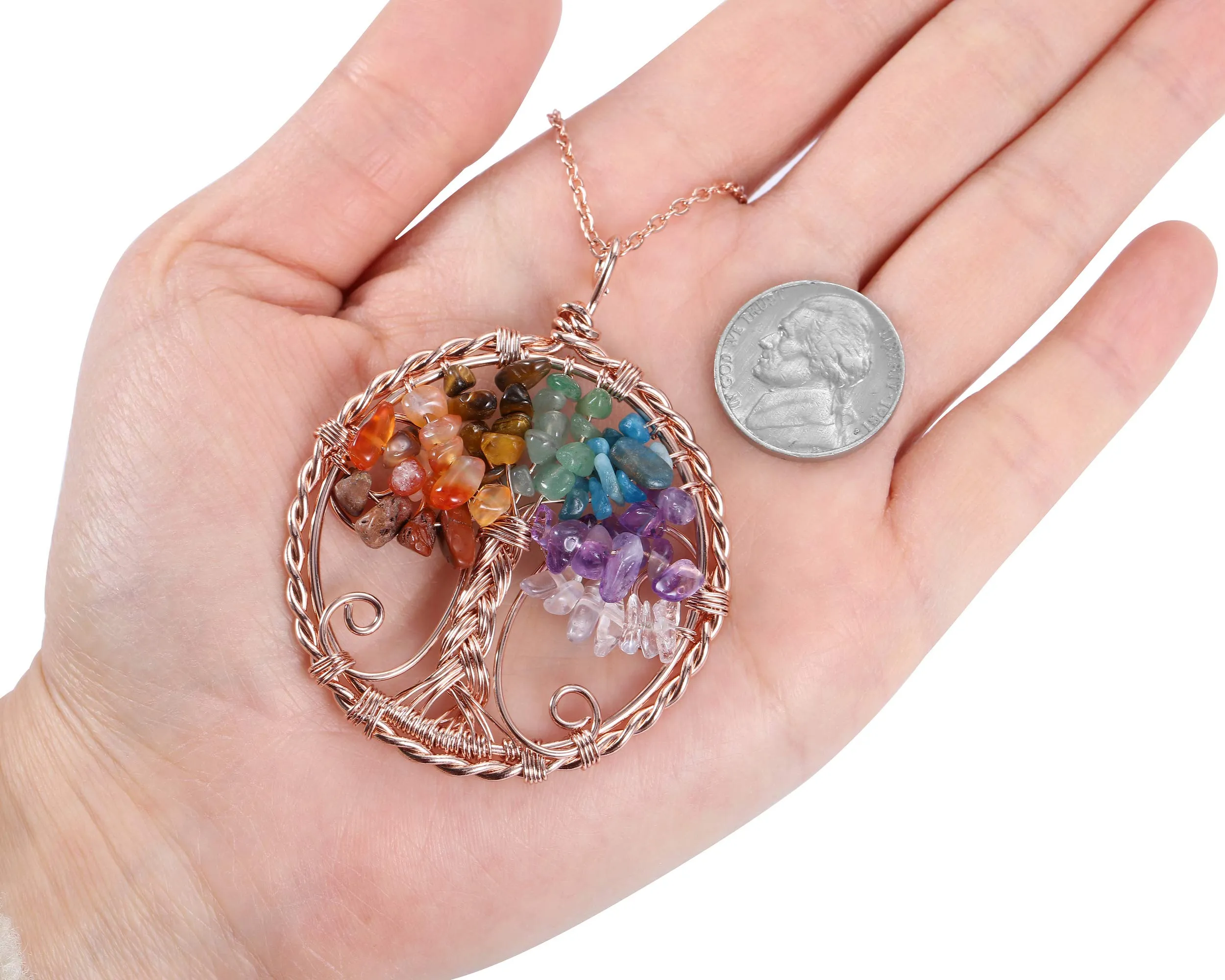 7 chakra healing crystal necklace tree of life wire wrapped pendant necklaces reiki stone gemstone quartz jewelry for womens girls