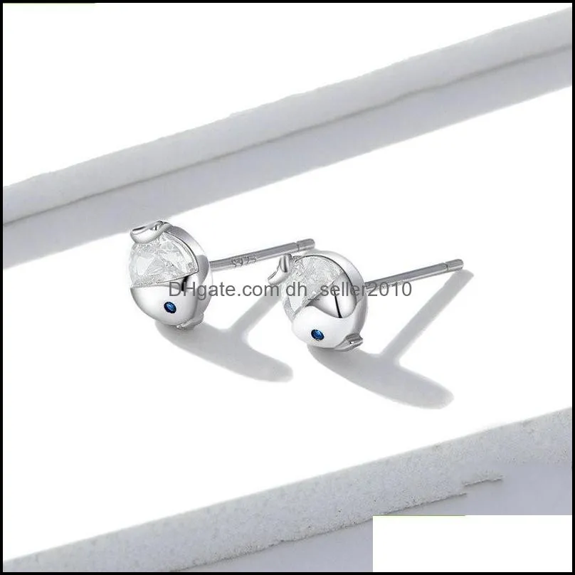 Cute Tiny Fish Charm Earring Stud 925 Sterling Silver Women Gift CZ Earring Jewelry Rhodium Plated