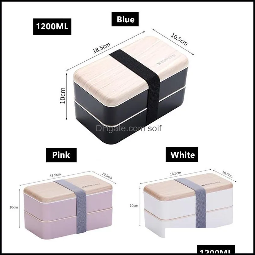 1200ml Fashion Wooden Cover Lunch Box With Spoon Double Layer Portable Microwave Bento Healthy Plastic Food Container