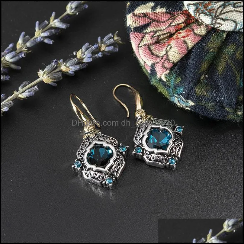 Vintage Women Blue Crystal Drop Dangle Earrings Wedding Engagement Rhinestone Rhombus Earrings Statement Gift for Girl C3