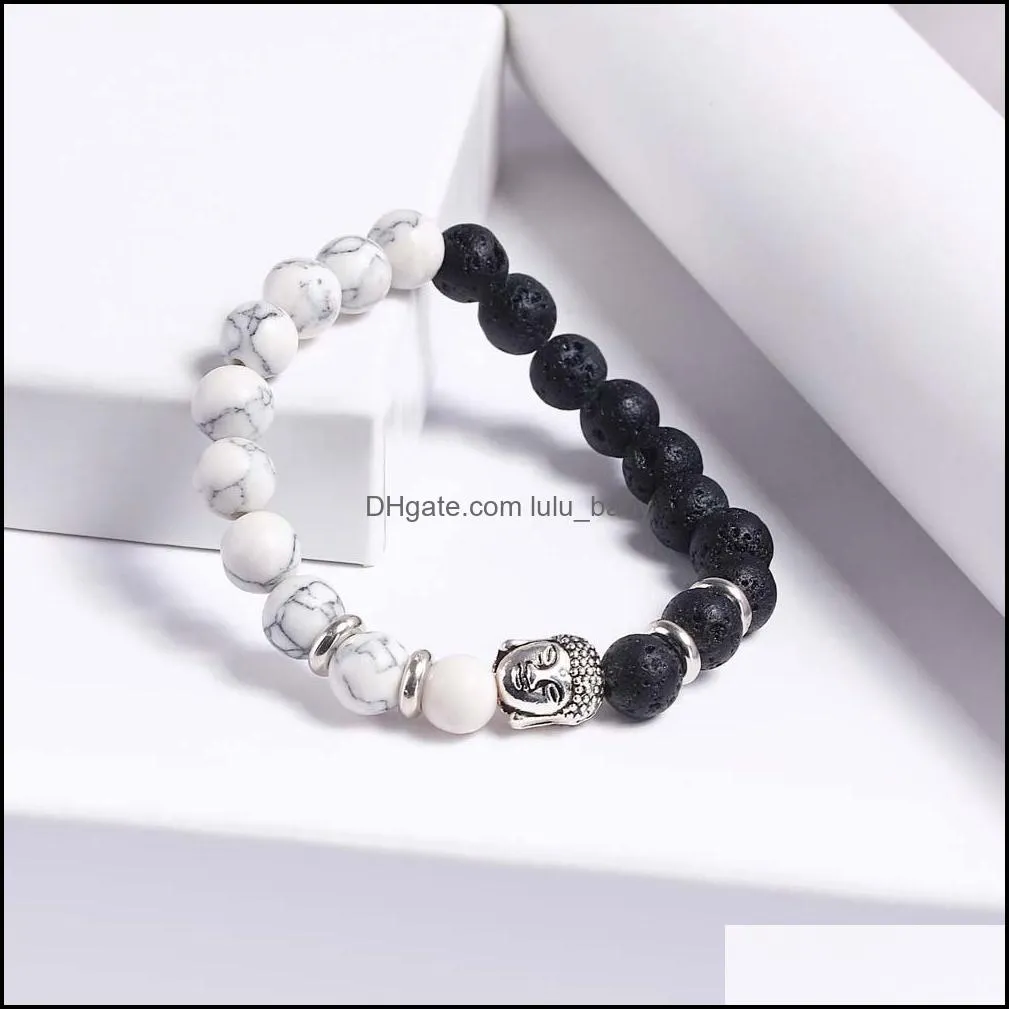 White Turquoise Buddha Head Beaded Bracelet for Women Handmade 8mm Lava Rock Stone Healing Beads Bracelet Jewelry Gift