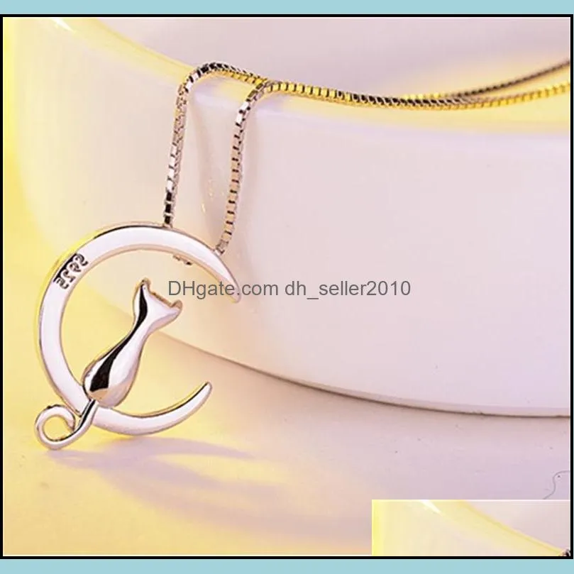 925 Sterling Silver New Woman Fashion Jewelry Kitty Moon Retro Simple Pendant Necklace Length 45cm